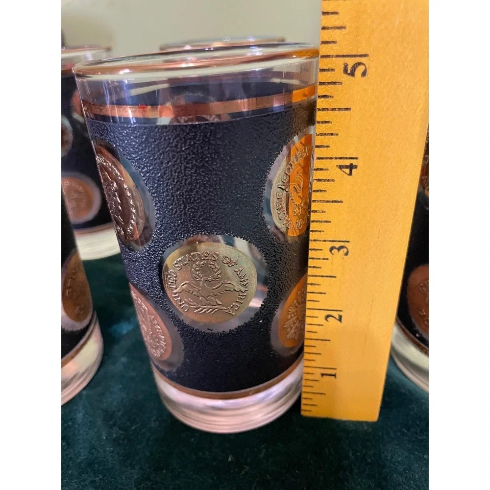 Mid Century Coin Glass Highball Set of 8 Black Gold‎ Textured Tumblers